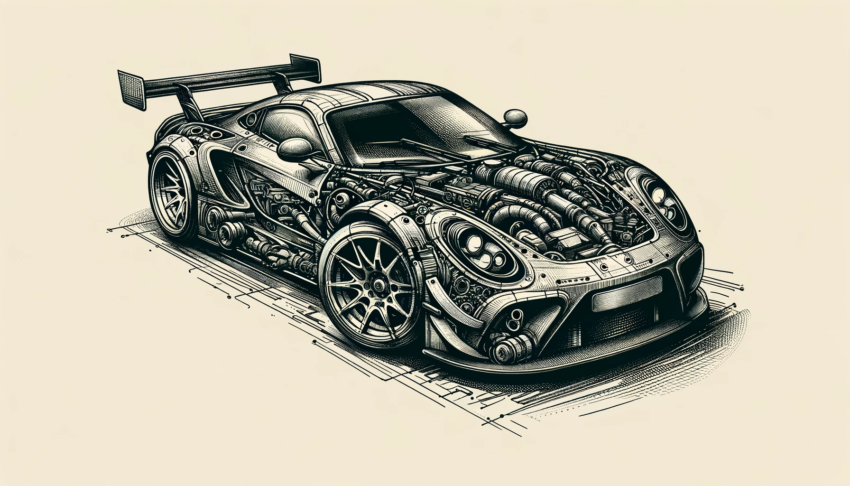 A detailed sketch of a car, resembling a hand drawn image with attention to design element and mechanics of the vehicle